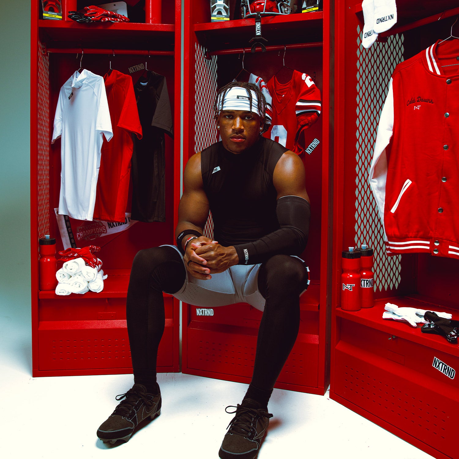 Caleb Downs in Locker Room Wearing Core Sleeveless Compression Mock Neck Black