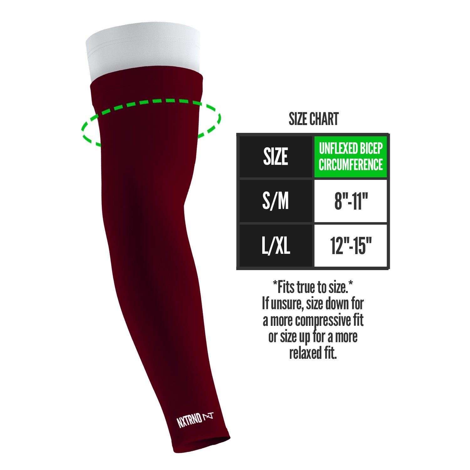 NXTRND Double Layer Compression Arm Sleeve Maroon Size Chart