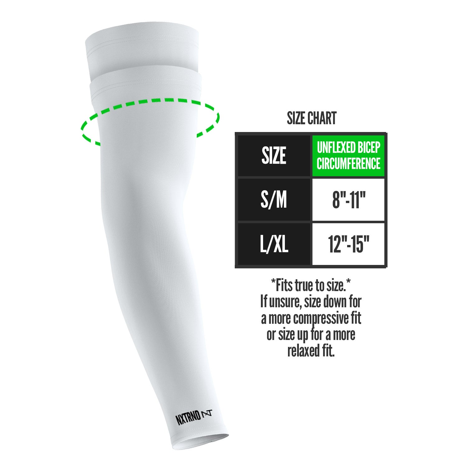 NXTRND Double Compression Arm Sleeves White Size Chart