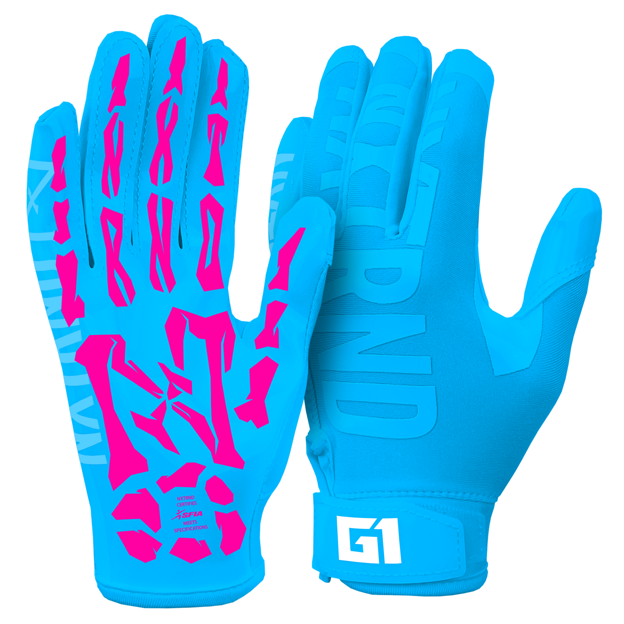 NXTRND G1® Youth Skeleton Football Gloves Neon Blue & Pink