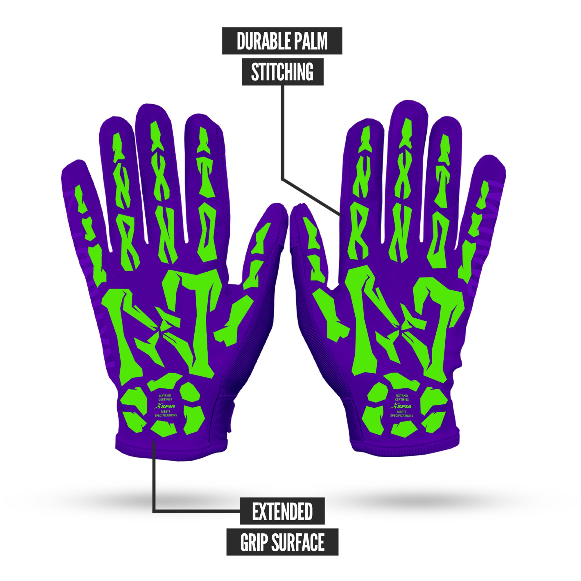 NXTRND G1® Youth Skeleton Football Gloves Purple & Green