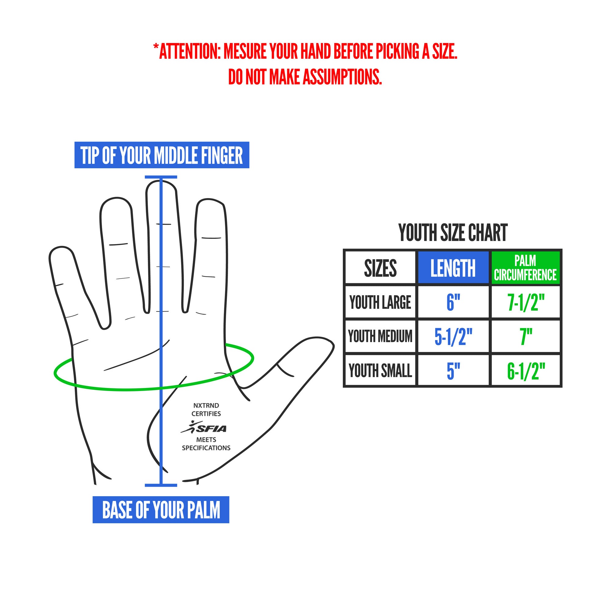 NXTRND G1 Youth Football Gloves Size Chart
