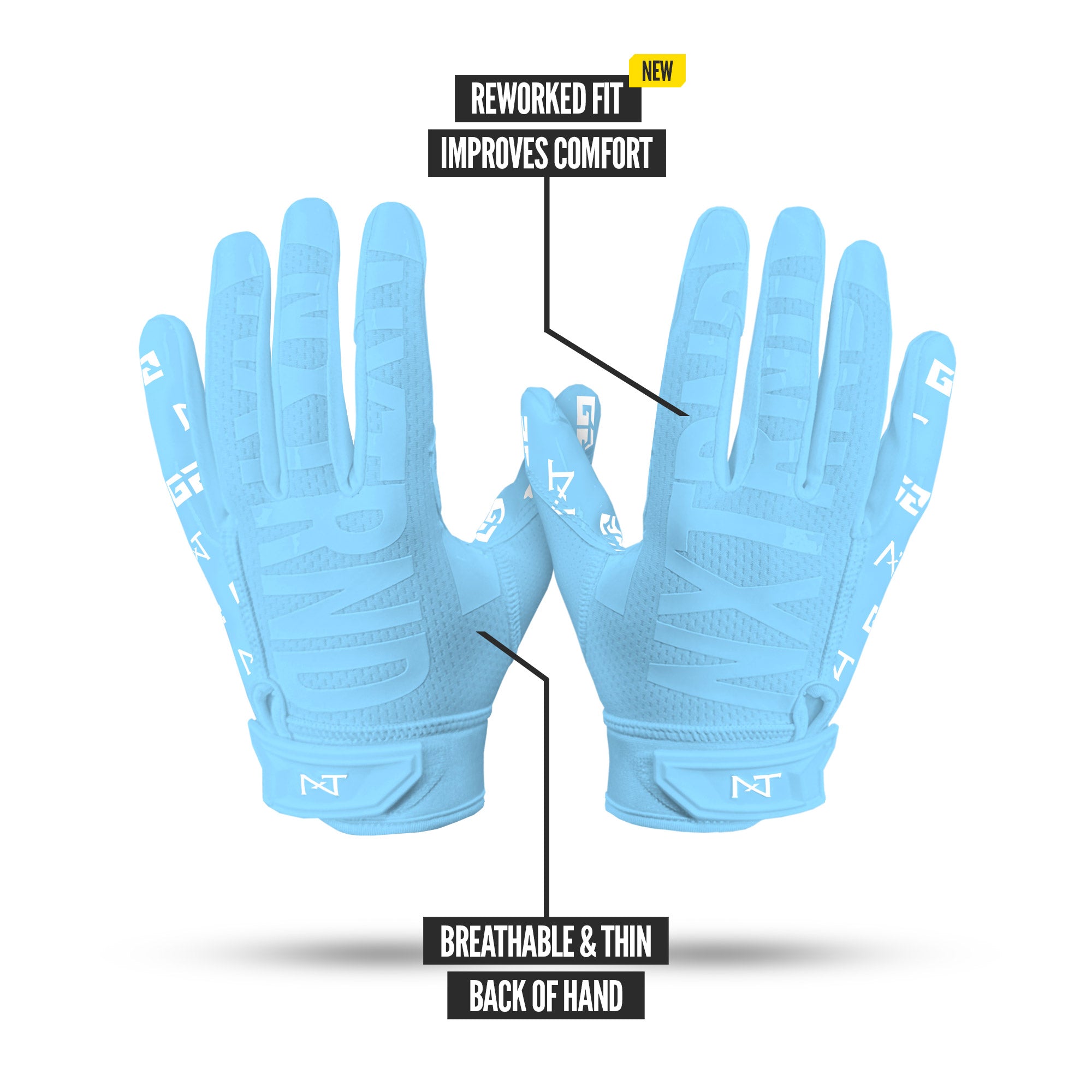 NXTRND G2 Pro Football Gloves Columbia Blue Specs Back of Hand