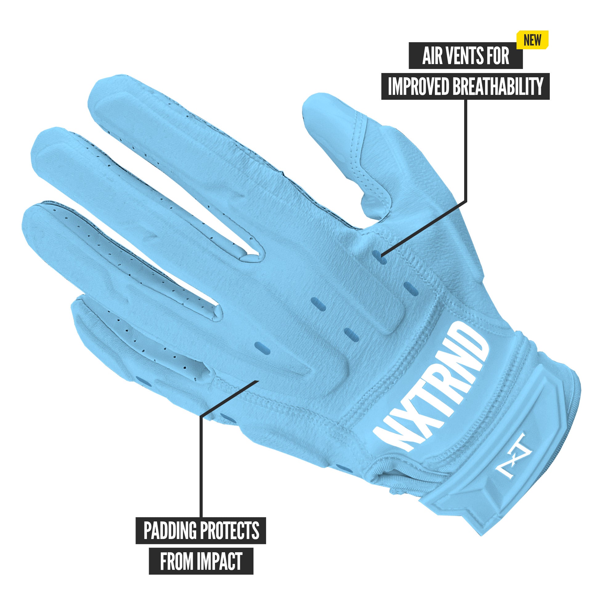 NXTRND G3 Pro Padded Football Gloves Columbia Blue Specs Back of Hand