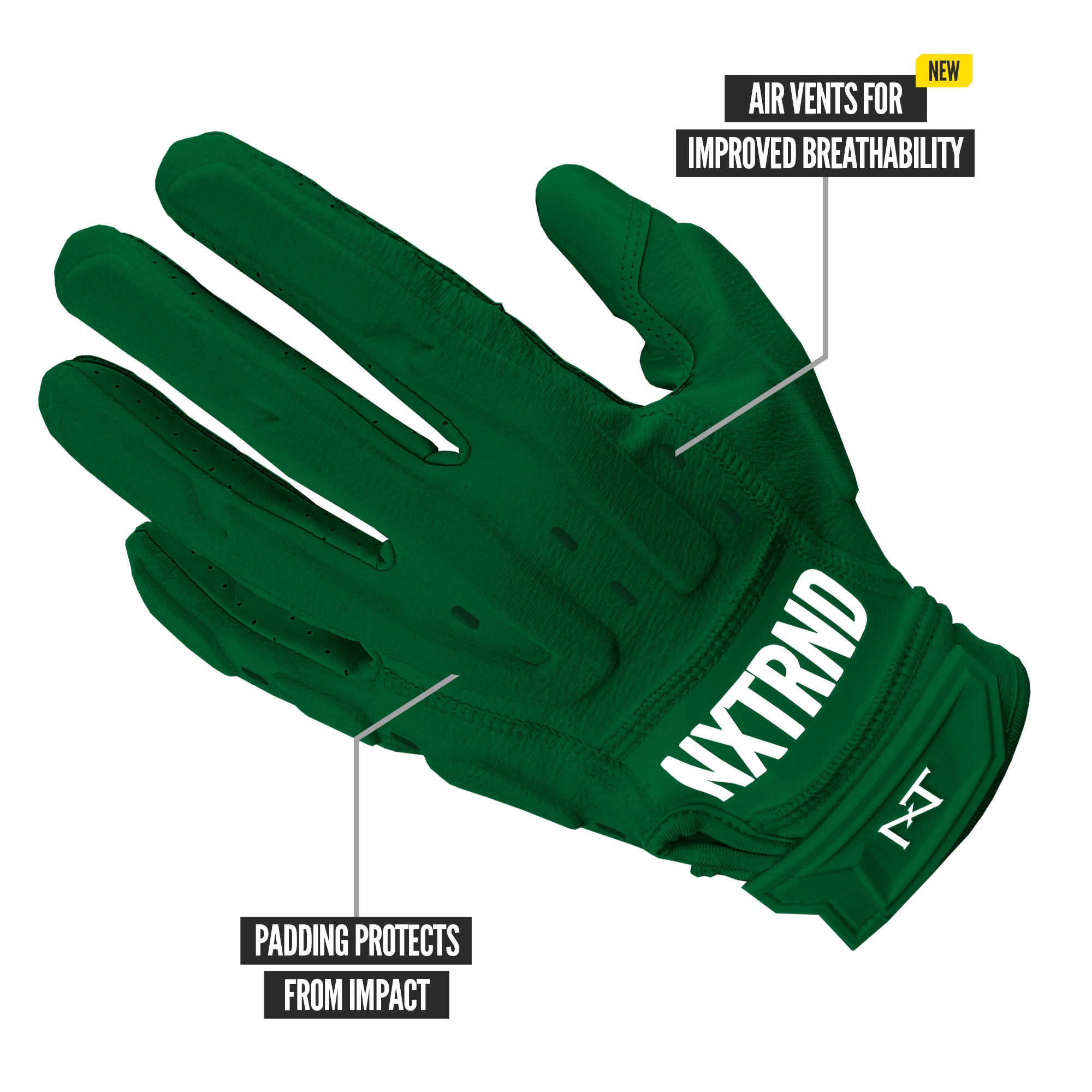 NXTRND G3 Pro Padded Football Gloves Dark Green Specs Back of Hand