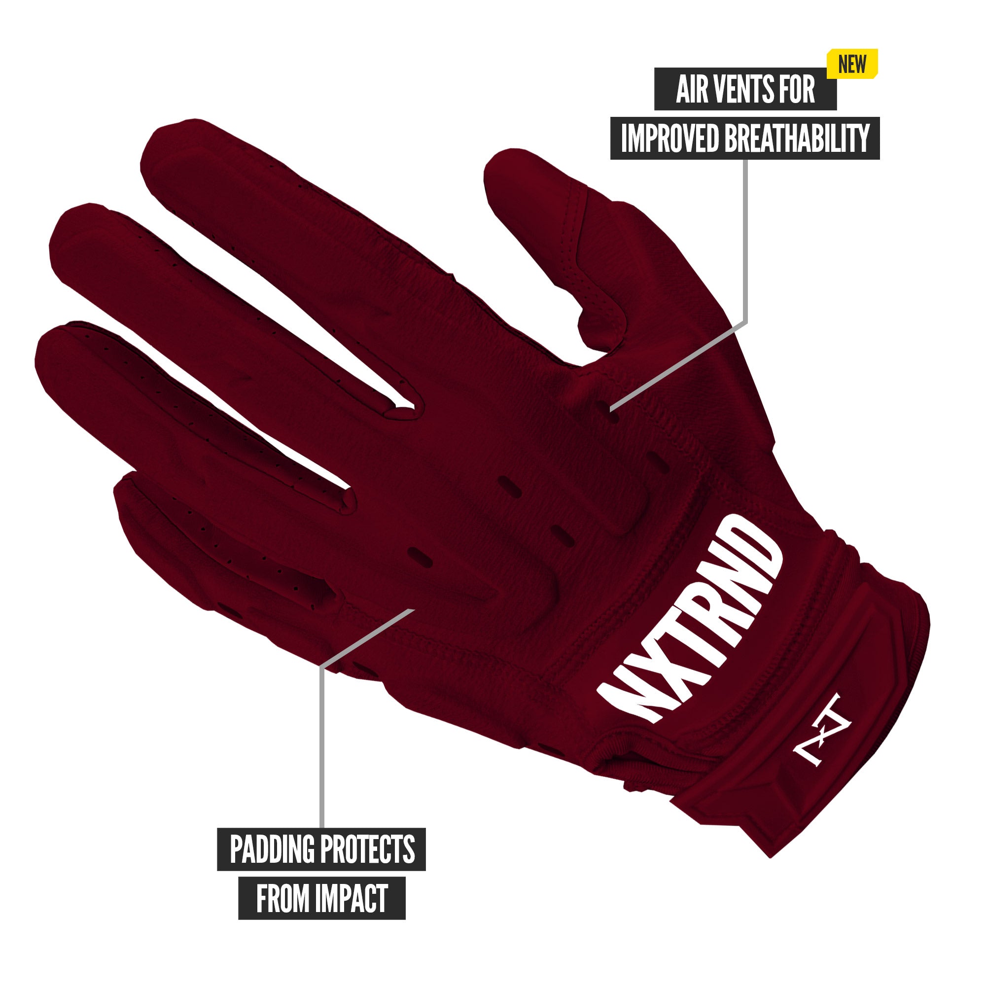 NXTRND G3 Pro Padded Football Gloves Maroon Specs Back of Hand