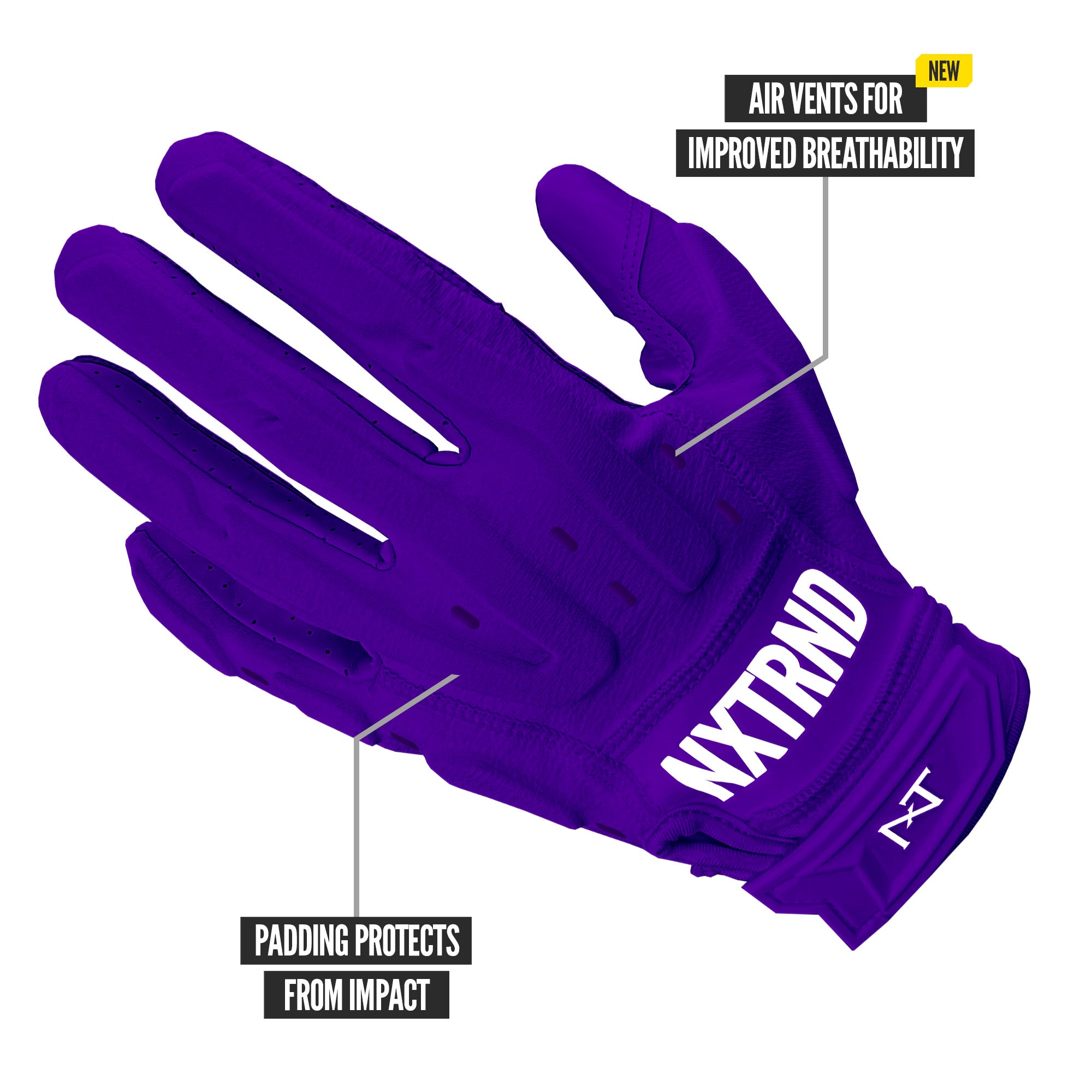 NXTRND G3 Pro Padded Football Gloves Purple Specs Back of Hand