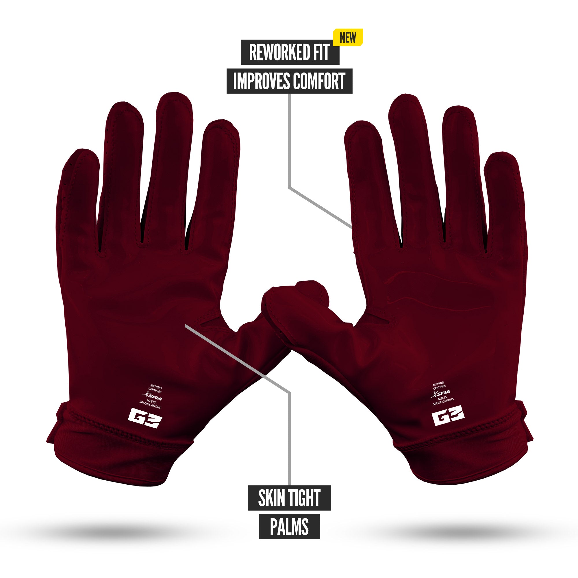 NXTRND G3 Pro Padded Football Gloves Maroon Specs Palm
