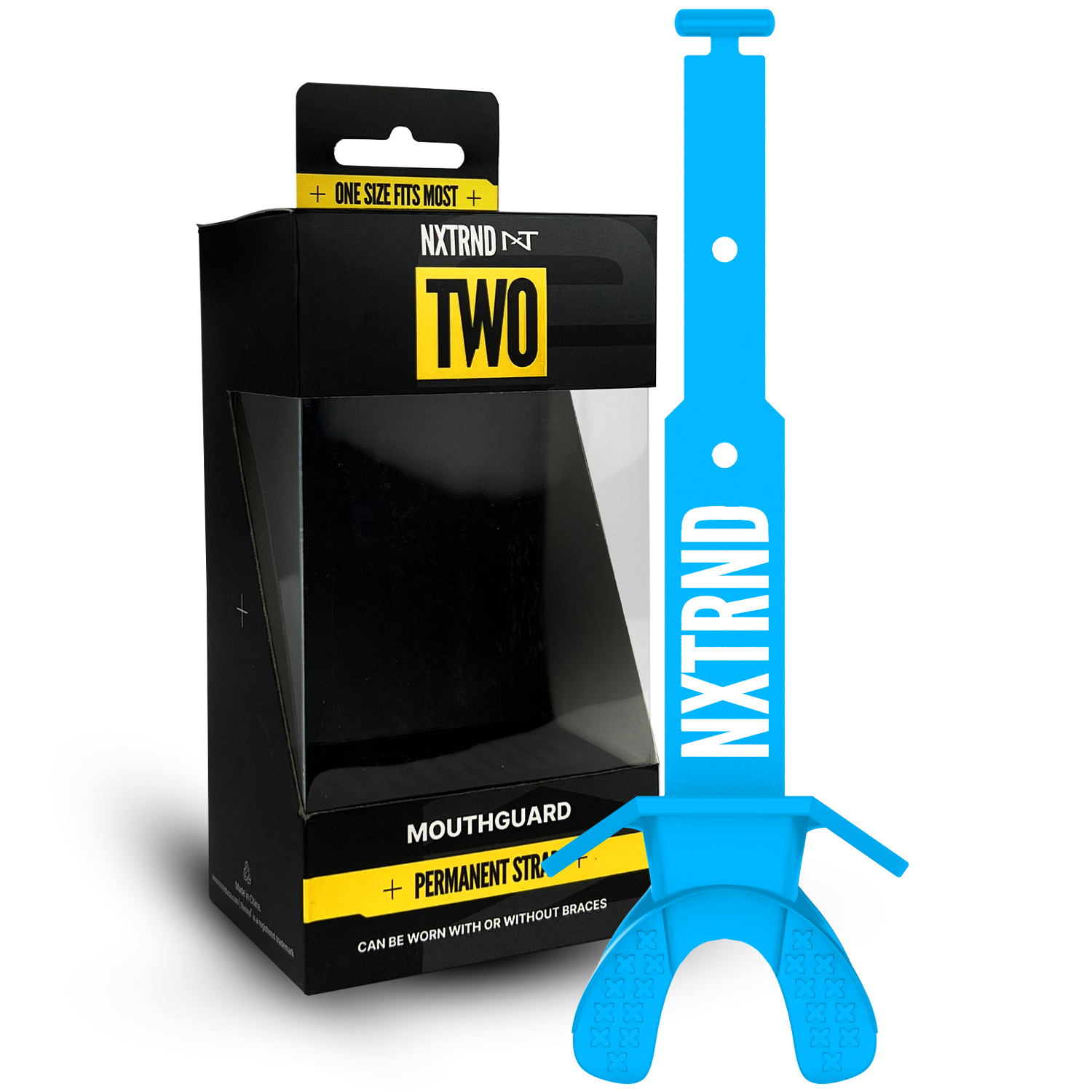 NXTRND TWO Strap Football Lip Mouthguard Neon Blue with Packaging Box Front View