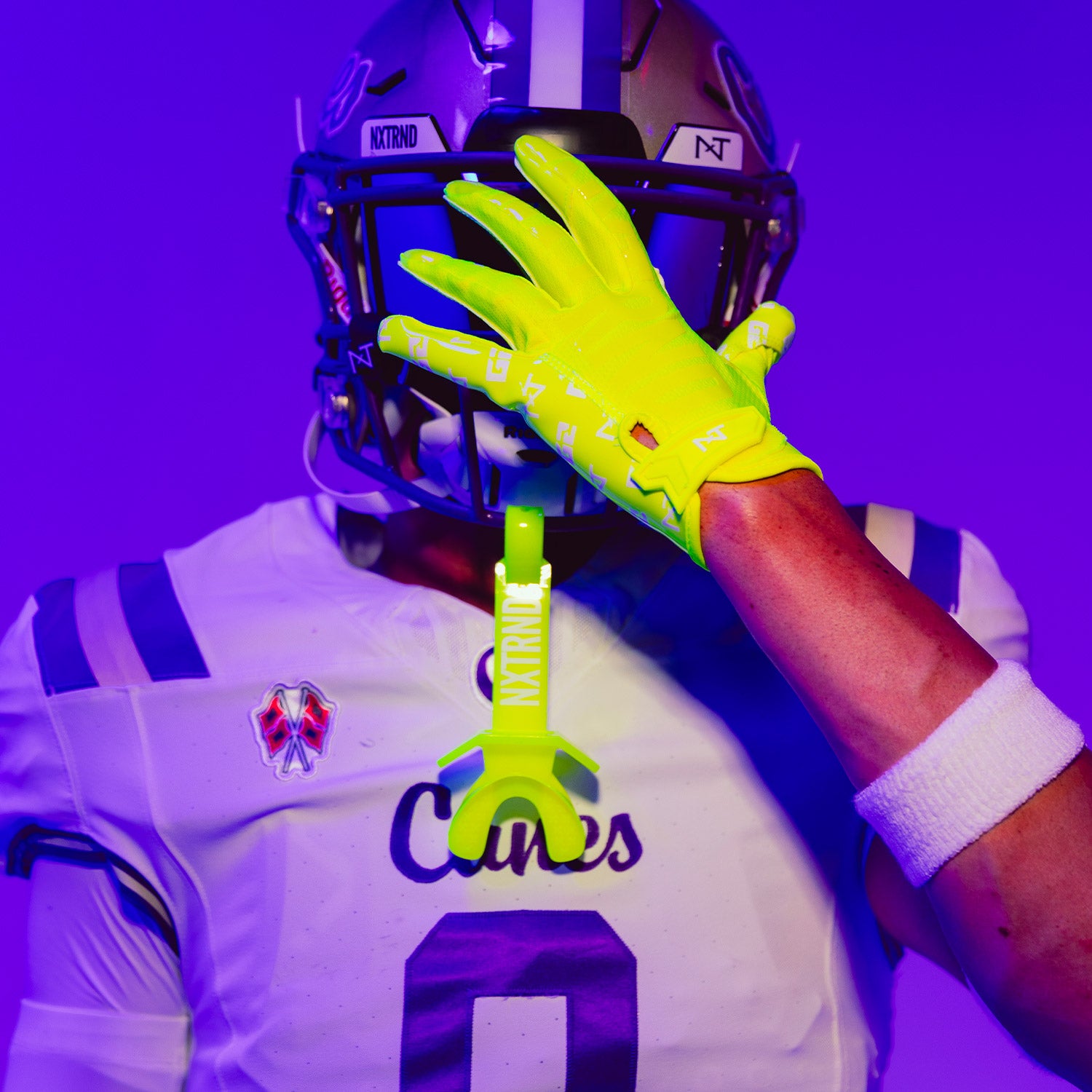 High School Football Player Wearing NXTRND TWO Strap Football Mouthguard Neon Yellow and G2 Pro Football Gloves Neon Yellow
