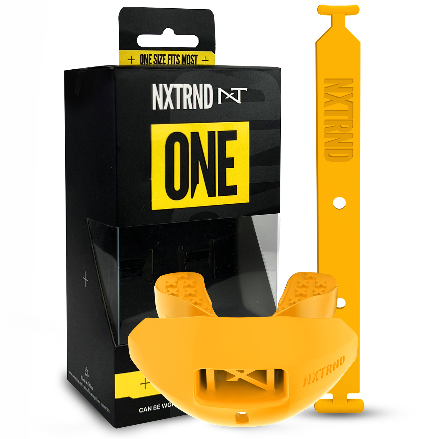 NXTRND ONE Strap Football Lip Mouthguard Yellow with Packaging Box Front View