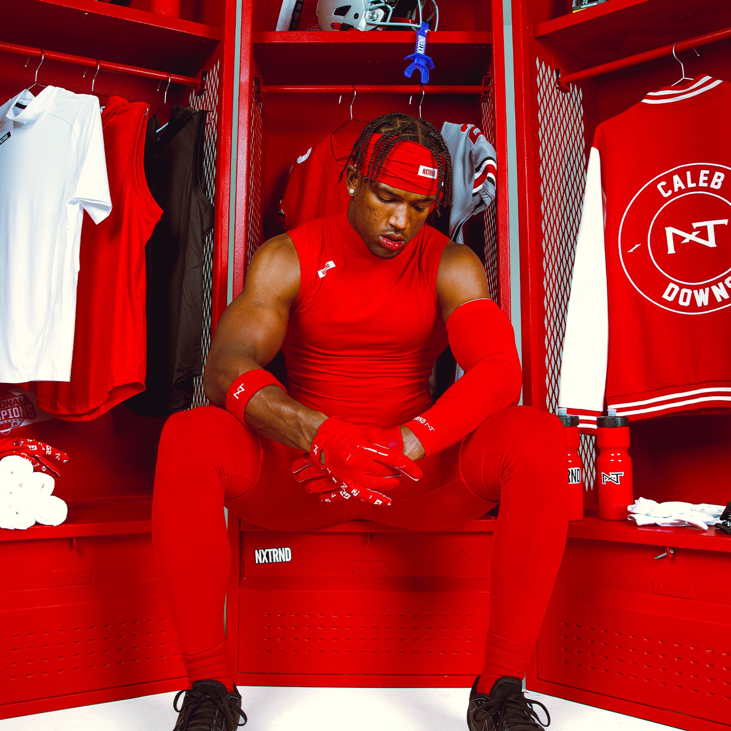 NCAA Star Caleb Downs Wearing NXTRND G2 Gloves and Sports Athletic Headband Football Skull Wrap in Red