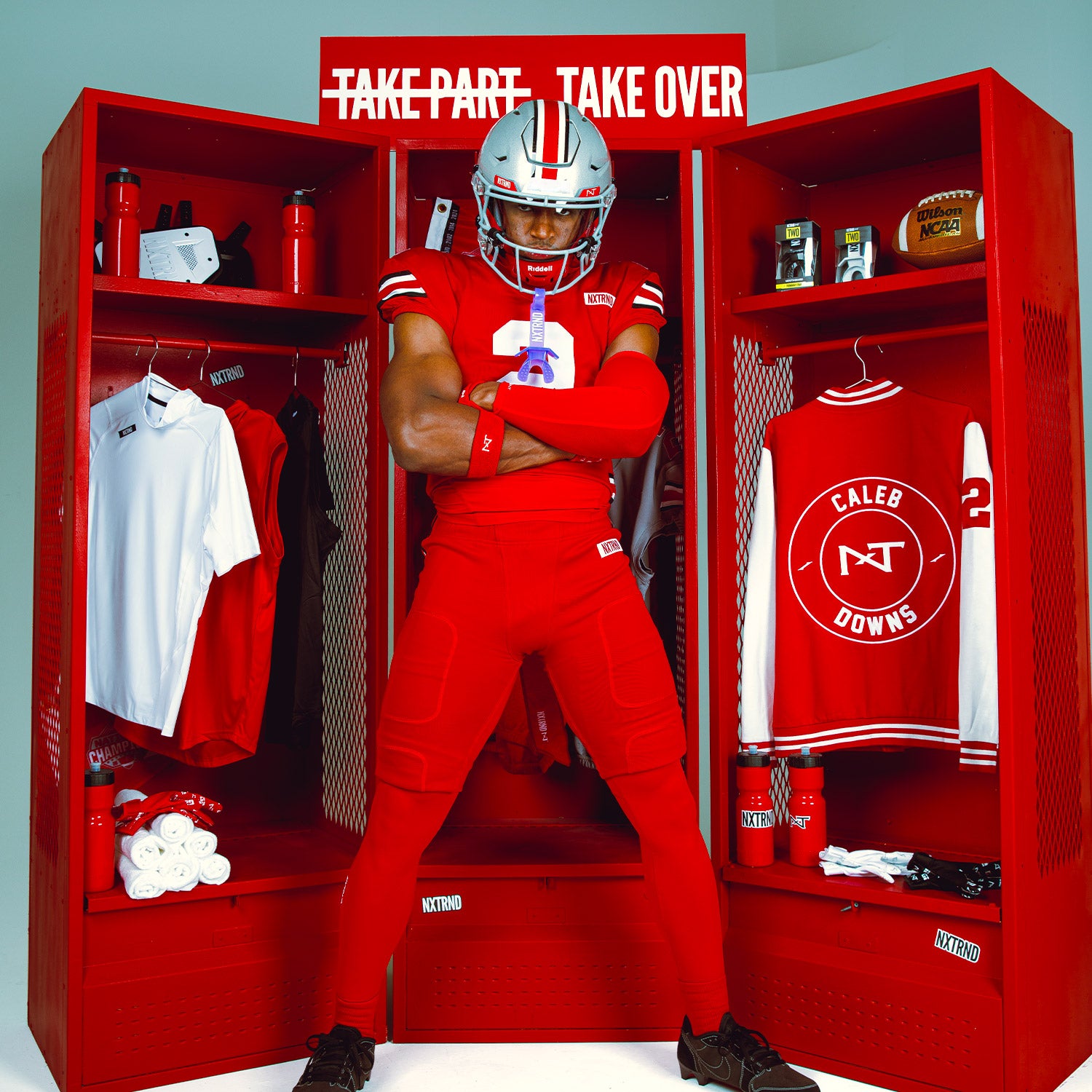 NCAA Star Football Player Caleb Downs NXTRND Wrist Band Red and TWO Football Mouthguard Purple