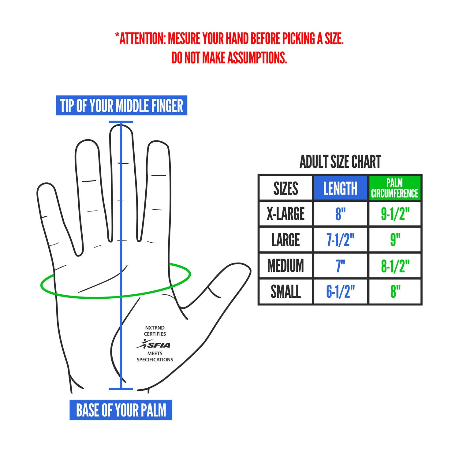 NXTRND G1 Pro Football Gloves Size Chart