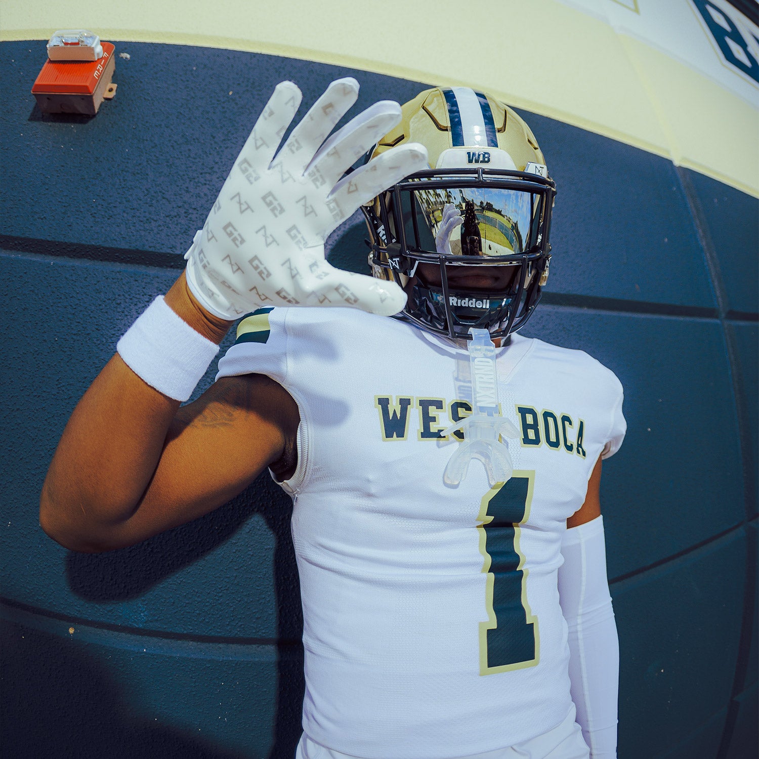High School Football Player Wearing NXTRND G2 Pro Football Gloves White and VZR3 Football Visor Mirror