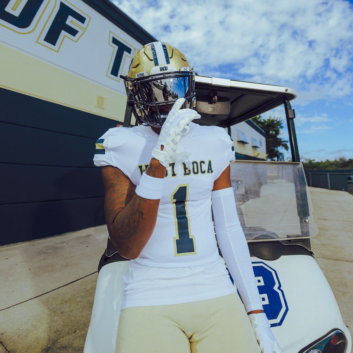 High School Football Player Wearing NXTRND G2 Pro Football Gloves White and VZR3 Football Visor Mirror