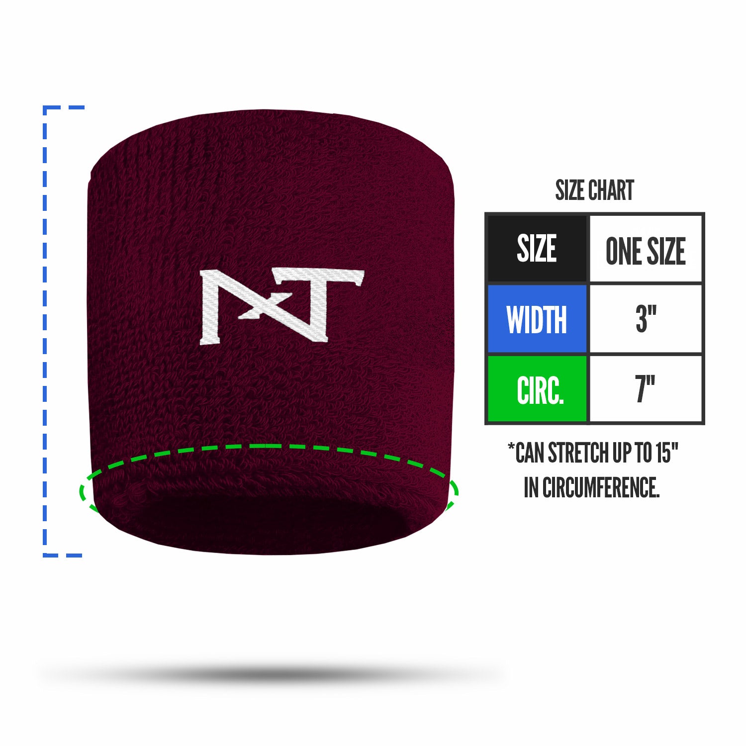 NXTRND Wrist Band Maroon Size Chart