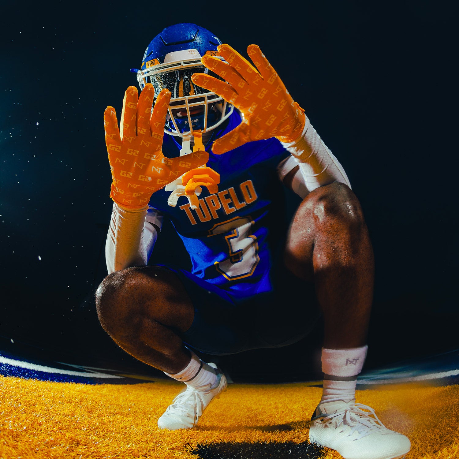 High School Football Player On Field Wearing NXTRND G2 Pro Football Gloves Yellow