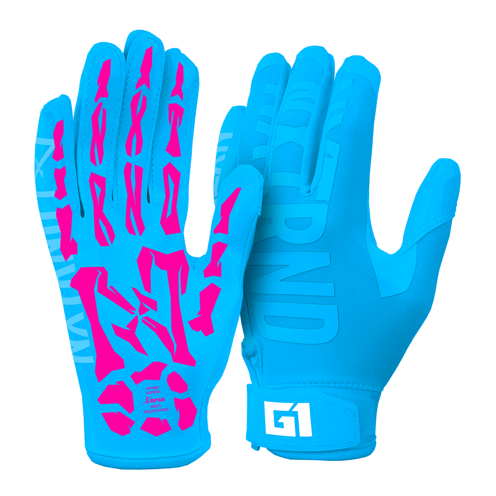 NXTRND G1® Youth Skeleton Football Gloves Neon Blue & Pink